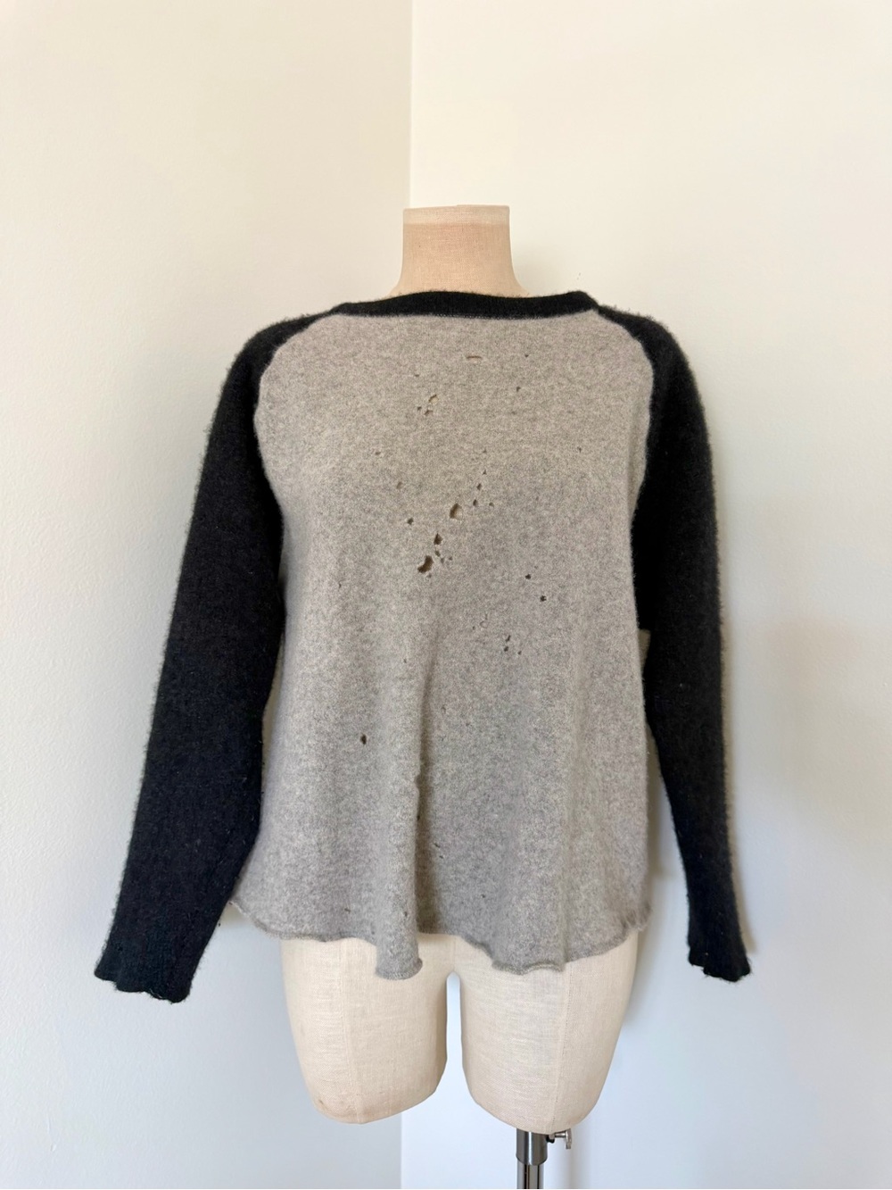 Vintage distressed two-tone cashmere raglan baseball sweater